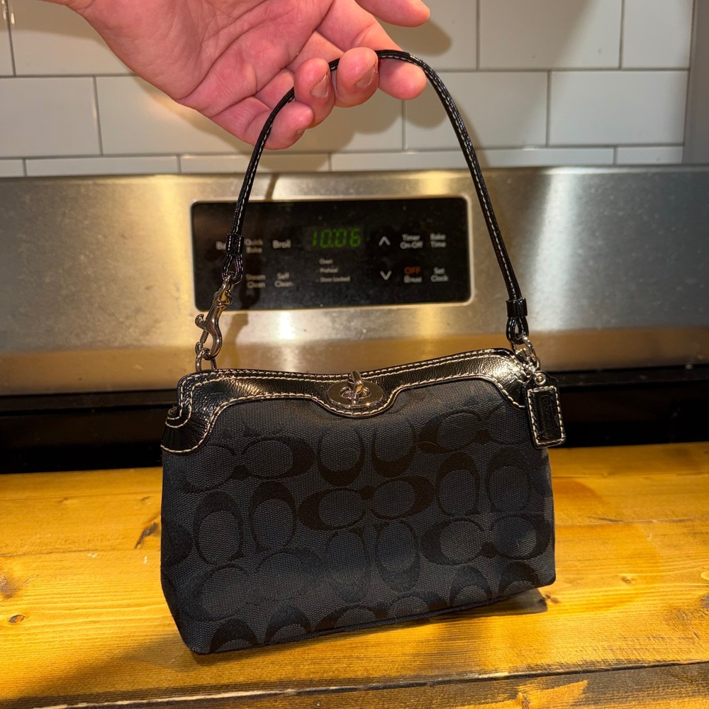 Coach Y2K Signature Jacquard Turnlock Mini Pochette Bag Legacy Black Patent